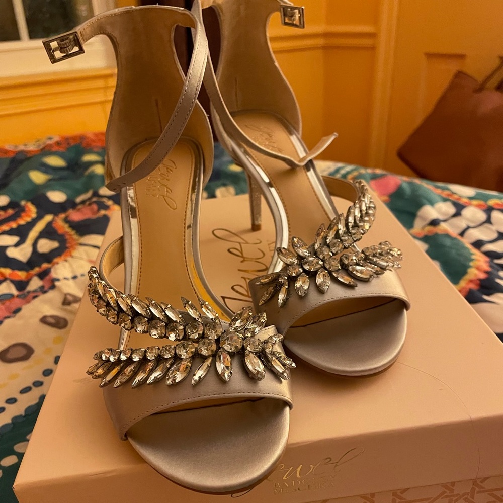 Badgley Mischka silver satin crystal sandals, NWT